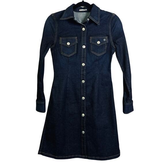 ALEXA CHUNG For AG Adriano Goldschmied Pixie Dress Stretch Denim Snap Front - Picture 3 of 16